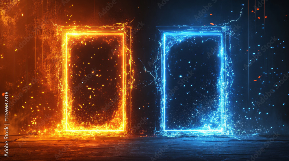 Poster magic portals set with lightning strike and shimmering effects. vector realistic illustration of rou