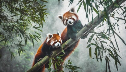 Obraz premium Exotic Red Pandas Playing Among Bamboo Trees in a Misty Mountain Forest