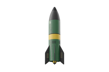 A stylized 3D rendering of a dark green and yellow rocket against a transparent background. background removed