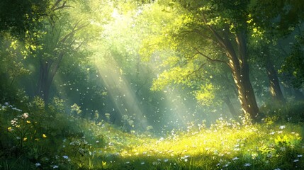 Obraz premium Sunlit Forest Glade With Blooming Flowers And Butterflies