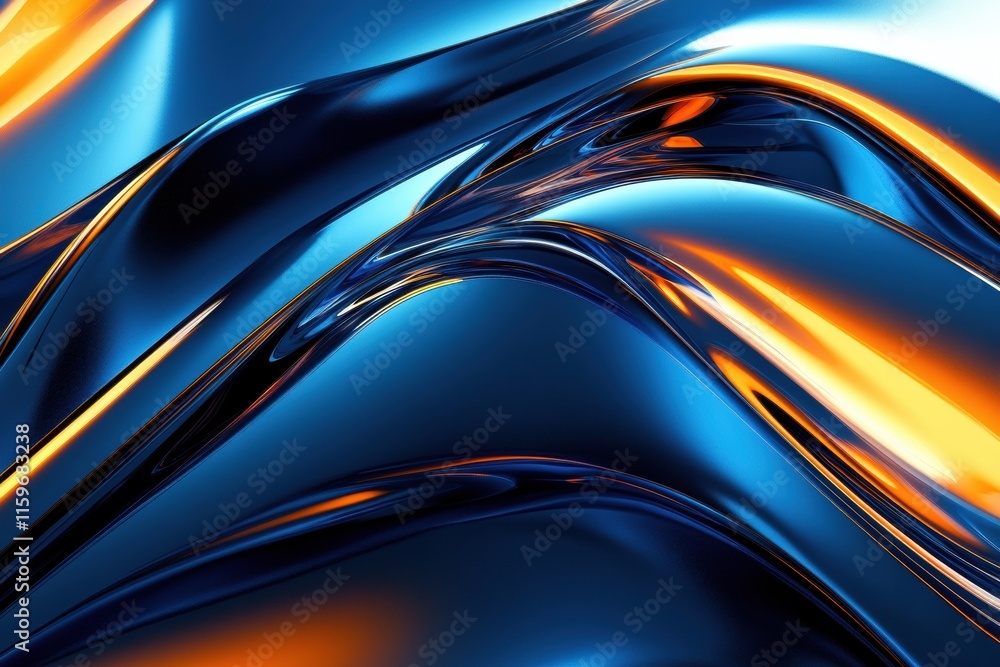Leinwandbilder Glossy waves create a captivating abstract pattern in vibrant blue and orange hues. Generative AI