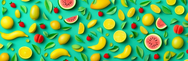 A refreshing summer vitamin food concept using watermelon, peach, mint, plum, apricots, blueberry, and currant, creatively laid out in a flat arrangement on a light blue background from a top view,