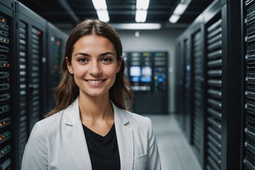 Obraz premium Close portrait of a smiling young Maltese female IT worker looking at the camera, against dark server room blurred background.