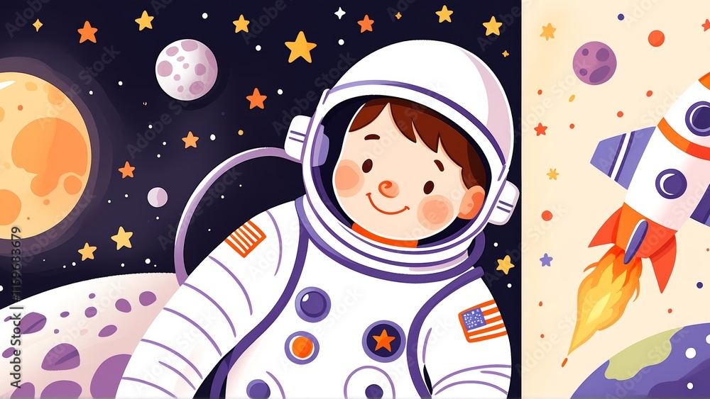 Poster adventurous child astronaut exploring space with rocket and planets