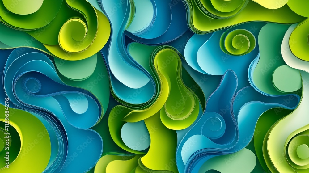 Poster vibrant swirling patterns in shades of green and blue create a dynamic and lively abstract design.