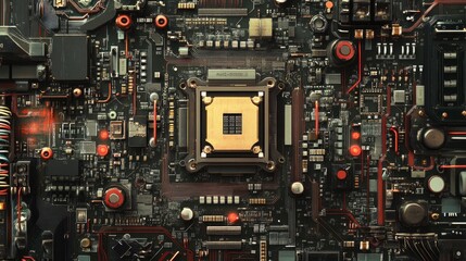a close-up of a computer circuit board with a central processor unit (CPU) encircled by complex wiring and other electronic components.