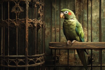 Obraz premium Amazon parrot in ornate birdcage warm tones detailed background