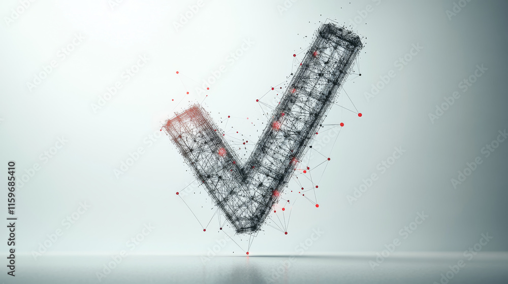 Poster hologram check mark. check mark made of polygons, triangles, dots, and lines. low-poly check mark st