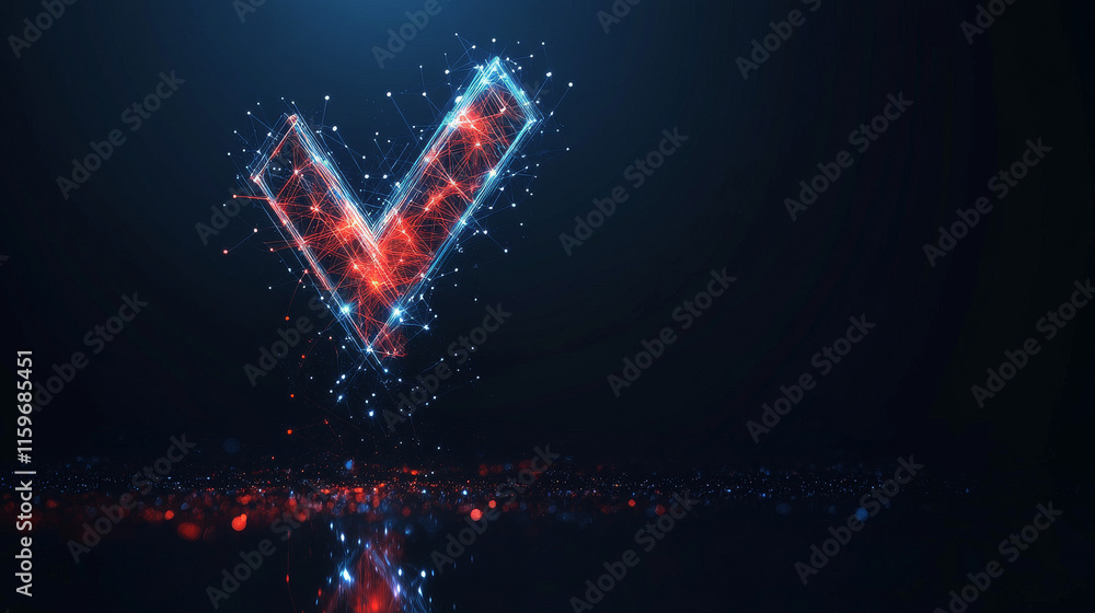 Poster hologram check mark. check mark made of polygons, triangles, dots, and lines. low-poly check mark st