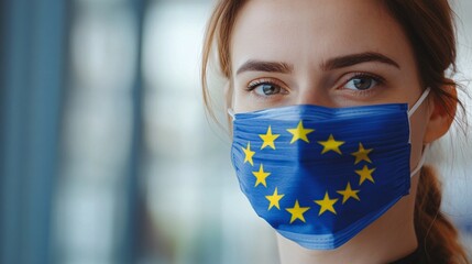 Young Caucasian woman wearing a mask featuring the European Union flag, expressing resilience and unity.
