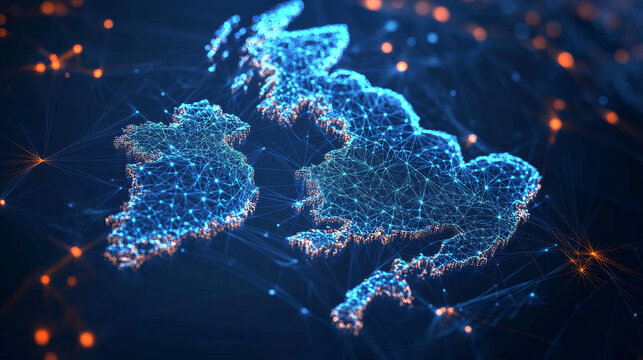 Hologram Of Great Britain. Map of great Britain of polygons, triangles of points and lines. Map of great Britain low poly composite structure. Technological concept.