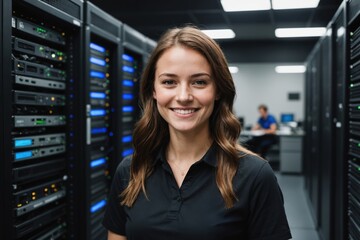 Close portrait of a smiling young New Zealander female IT worker looking at the camera, against dark server room blurred background.