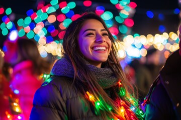 A cheerful woman is adorned with colorful Christmas lights, radiating joy in a festive setting.