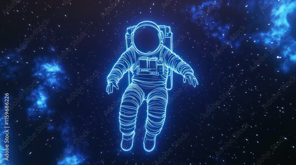 Poster glowing astronaut floats in a nebula, cosmic exploration concept.