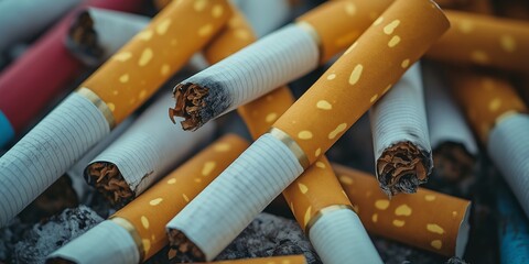 A close-up view of burnt cigarettes scattered across a dark surface, symbolizing addiction and environmental impact.