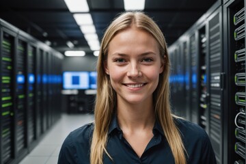 Fototapeta premium Close portrait of a smiling young Norwegian female IT worker looking at the camera, against dark server room blurred background.