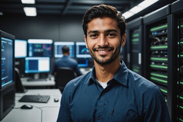 Close portrait of a smiling young Omani male IT worker looking at the camera, against dark server room blurred background.