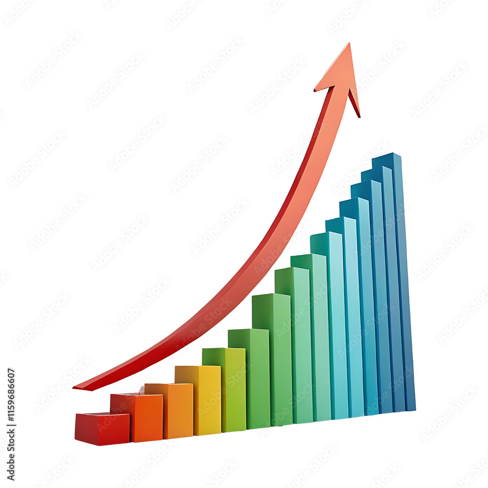 Poster market growth: vibrant graph with uptrend line and colorful bar chart on transparent background for 