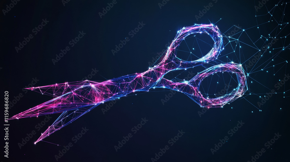 Poster hologram scissors. scissors made of polygons, triangles of points and lines. scissors icon is a low-