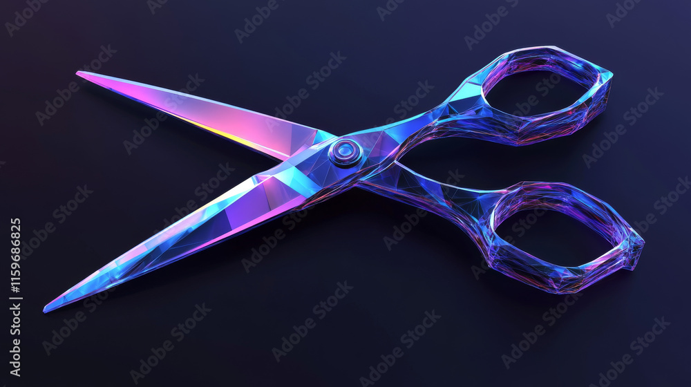 Poster hologram scissors. scissors made of polygons, triangles of points and lines. scissors icon is a low-