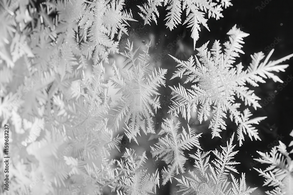 Poster Delicate snowflakes adorn a window with intricate frost patterns during a cold winter day