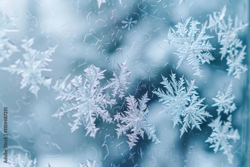 Poster Delicate snowflakes adorn a window with intricate frost patterns during a cold winter day