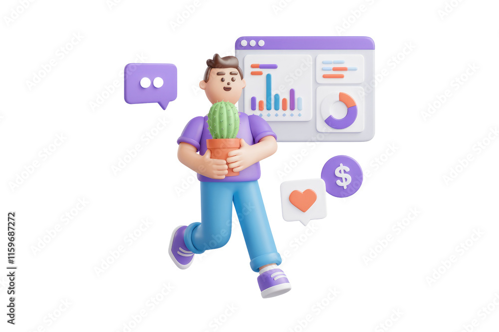 Poster a 3d cartoon character happily carries a cactus plant while reviewing business analytics. background