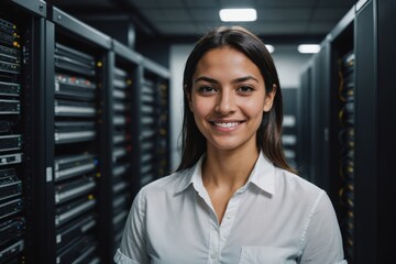 Fototapeta premium Close portrait of a smiling young Paraguayan female IT worker looking at the camera, against dark server room blurred background.