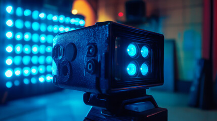 Video camera of blue glowing dots. Video camera for home video