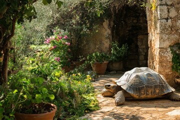 Naklejka premium Elderly Greek tortoise basks in serene Mediterranean garden setting