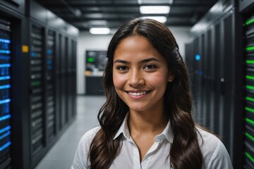 Fototapeta premium Close portrait of a smiling young Peruvian female IT worker looking at the camera, against dark server room blurred background.