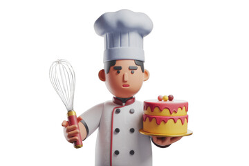 A 3D cartoon chef holds a whisk and a delicious two-layered cake. background removed
