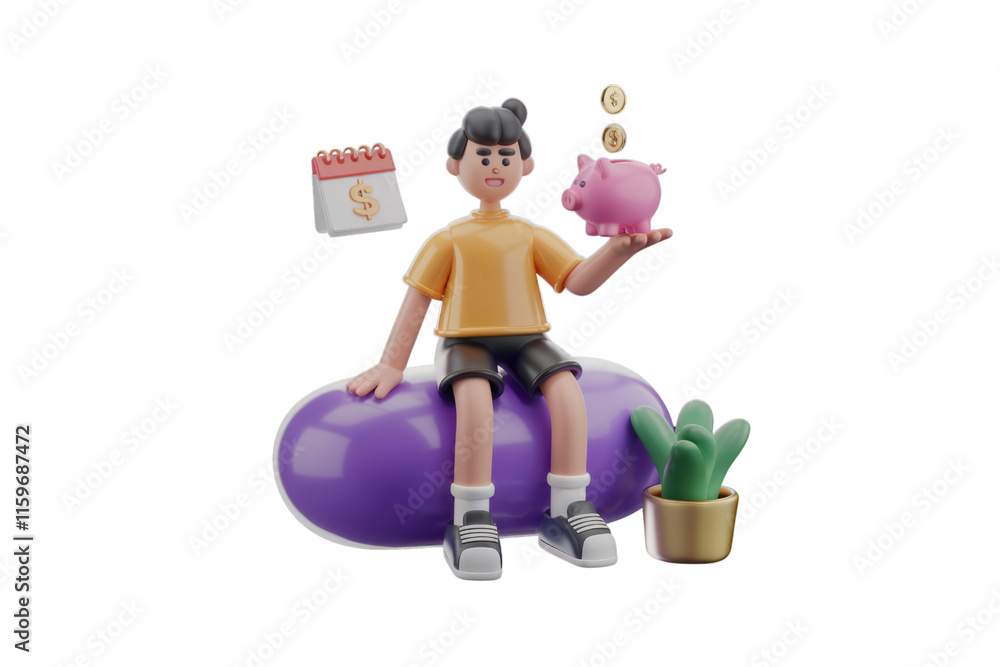 Poster 3d render of a boy sitting on a purple beanbag, holding a piggy bank with coins falling into it, and