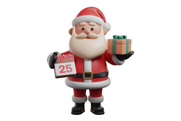 3D render of Santa Claus holding a calendar showing December 25th and a gift. background removed
