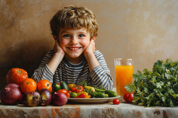 A young boy sitting at a table with a plate of vegetables and a glass of orange juice