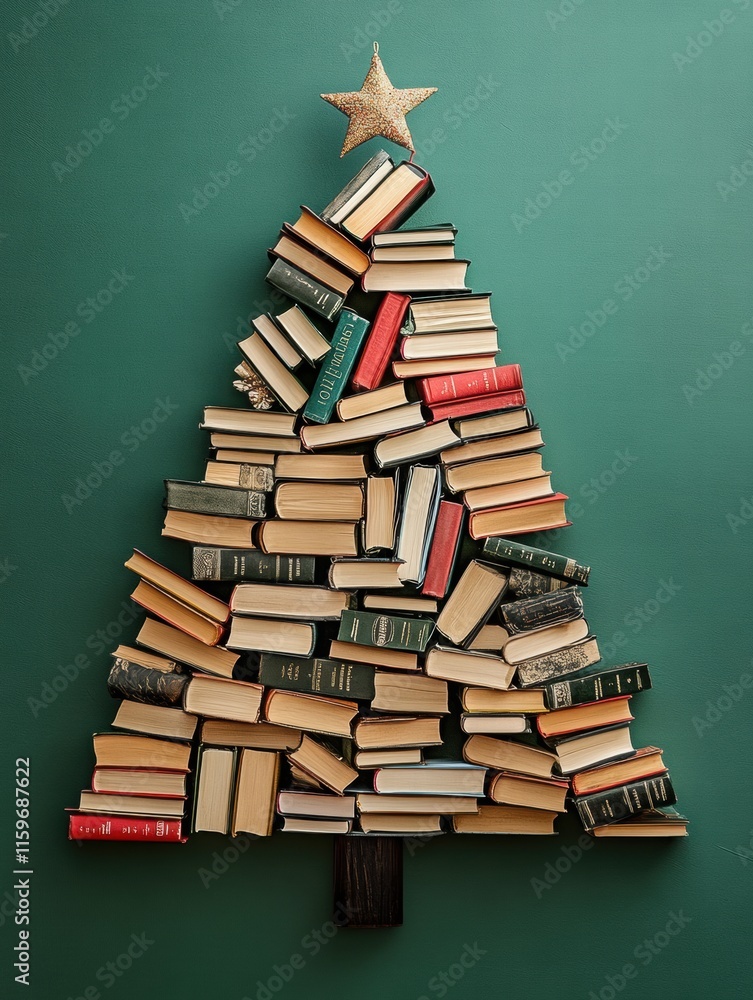 Poster creative christmas tree design made from stacked books on a green background for festive decor. gene