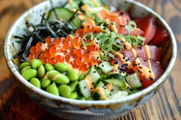 Delicious sushi bowl featuring fresh ingredients at a local restaurant during lunchtime on a sunny day