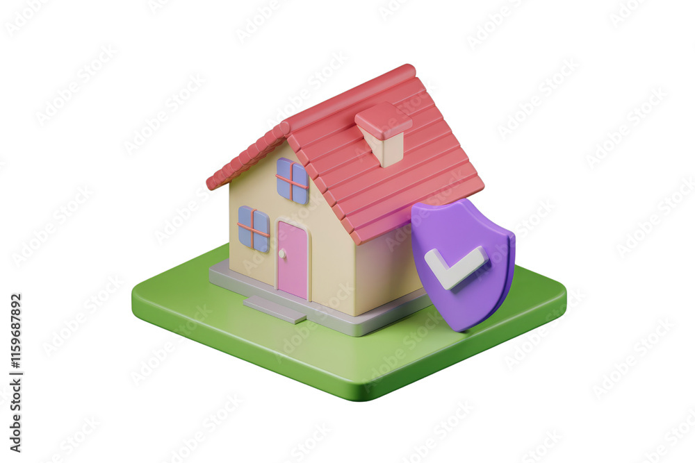 Poster 3d cartoon house with a checkmark shield, representing home security and protection. background remo