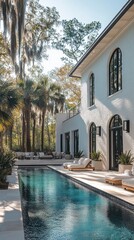piscine d'une maison de ville moderne de luxe en briques blanches à Savannah, en Géorgie, avec vue sur les chênes vivants, la mousse espagnole et les palmiers