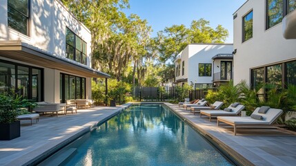 Fototapeta premium piscine d'une maison de ville moderne de luxe en briques blanches à Savannah, en Géorgie, avec vue sur les chênes vivants, la mousse espagnole et les palmiers