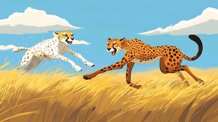 Two cheetahs sprinting through tall grass under a blue sky with clouds.