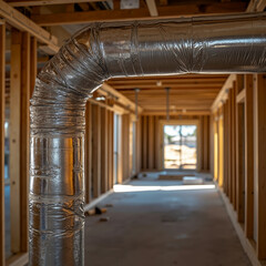 A large metal pipe in the middle of a room under construction