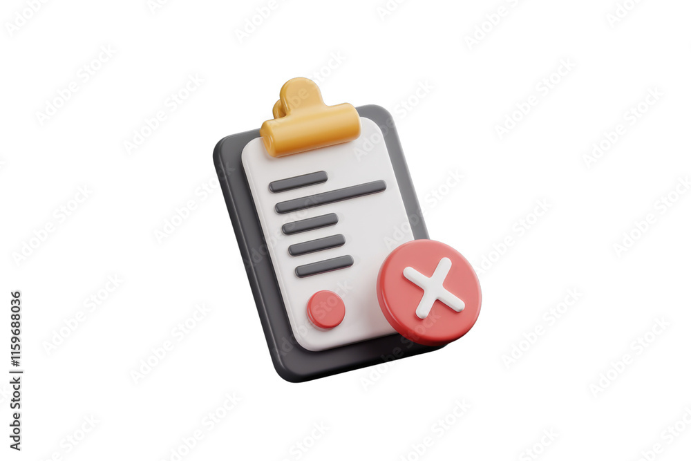 Poster 3D rendering of a clipboard with a checklist and a red cross mark, indicating rejection or error. background removed