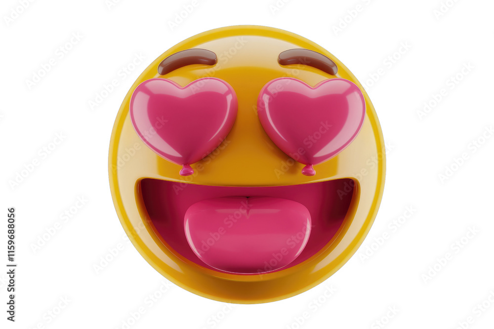 Poster A 3D rendering of a smiling emoticon with hearts for eyes, expressing playful love. background removed