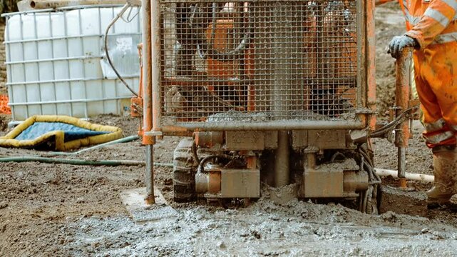 Construction crew uses small Pile rig auger drilling equipment in wet conditions at an urban site