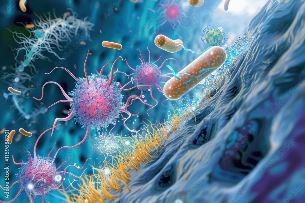 Poster Microscopic view of various bacteria interacting in a fluid environment showcasing cellular diversity and biological processes