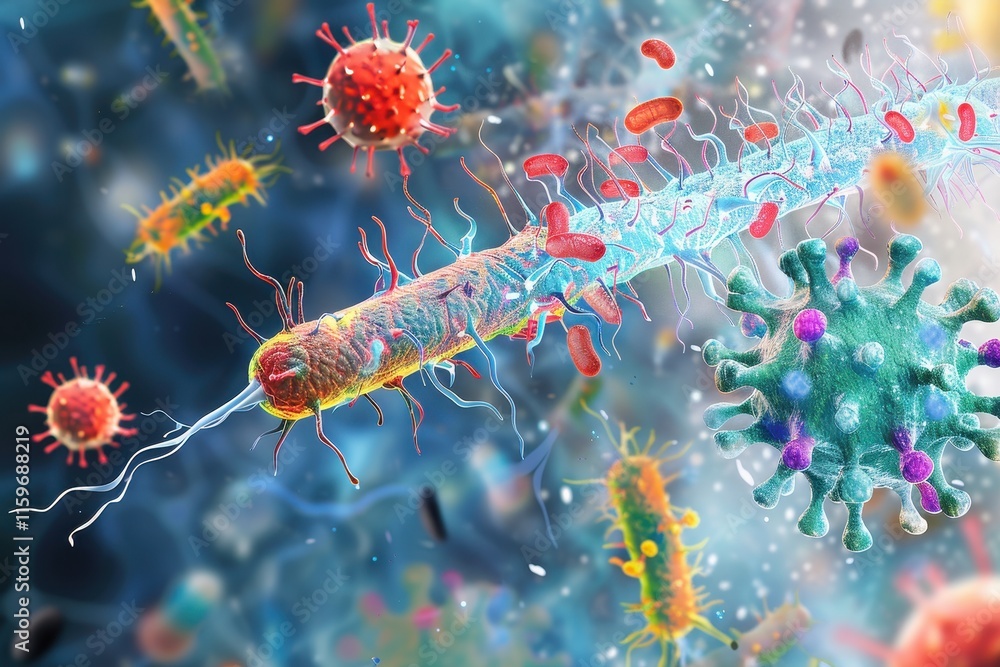 Poster Microscopic view of various bacteria interacting in a fluid environment showcasing cellular diversity and biological processes