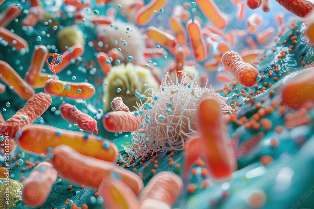 Poster Microscopic view of various bacteria interacting in a fluid environment showcasing cellular diversity and biological processes
