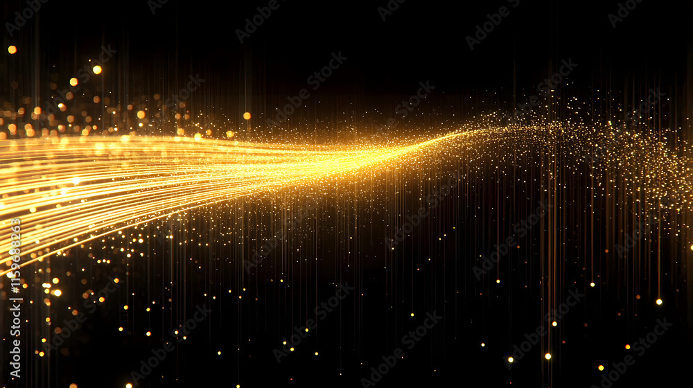 Poster gold line light with glitter glow abstract effect. golden vertical flare with neon beam sparkle and 