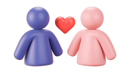 3D render of two simplified figures, a male and female, with a heart between them, symbolizing love and relationships. background removed